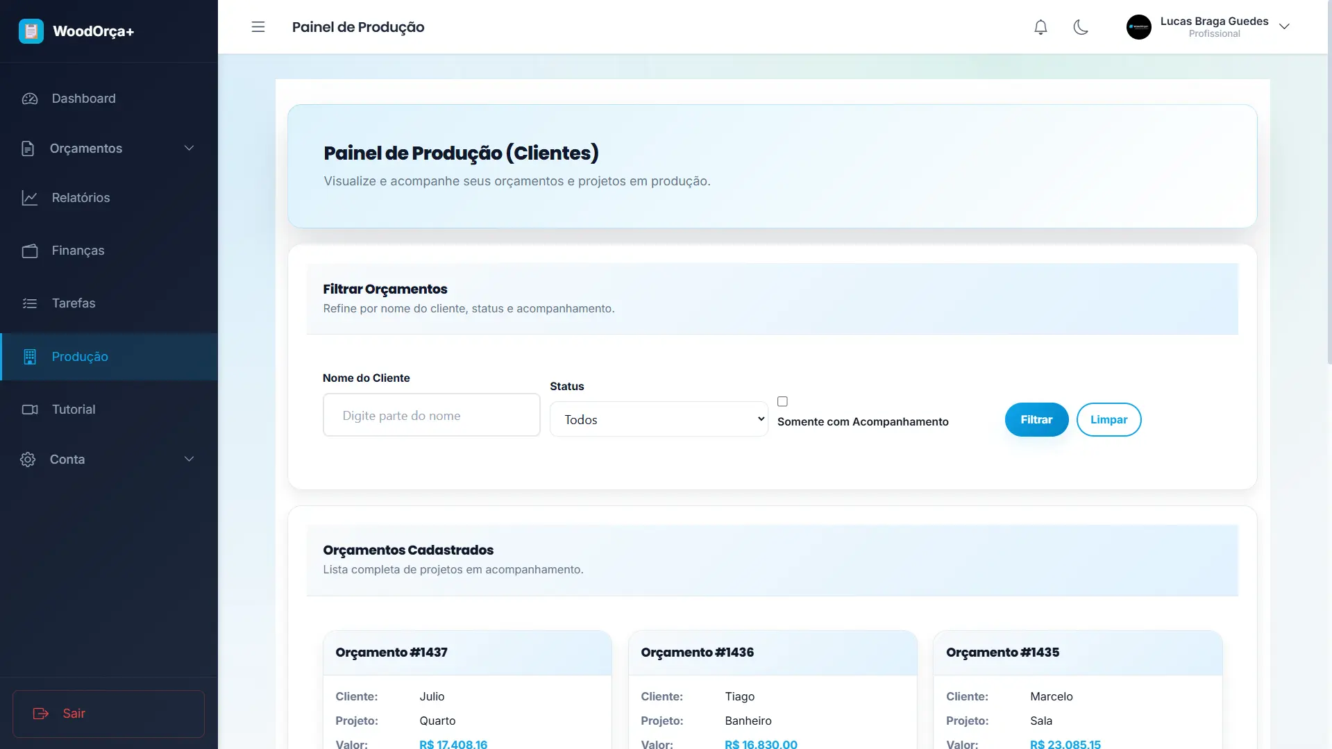 Acompanhamento de Projetos WoodOrça+
