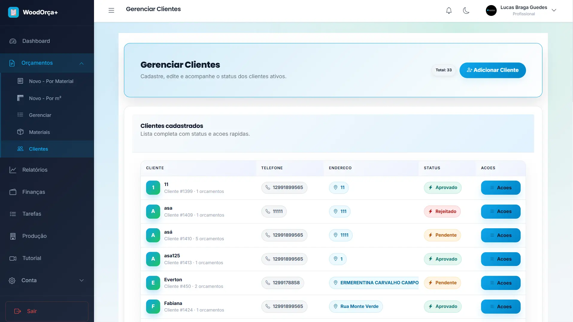 Gestão de Clientes WoodOrça+