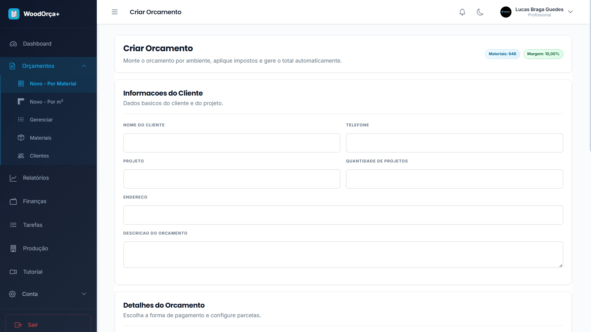 Criar Orçamento WoodOrça+